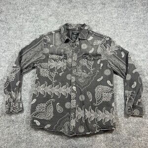 Forever 21 Western Shirt Mens Large Black White Paisley Denim Cotton Button Up